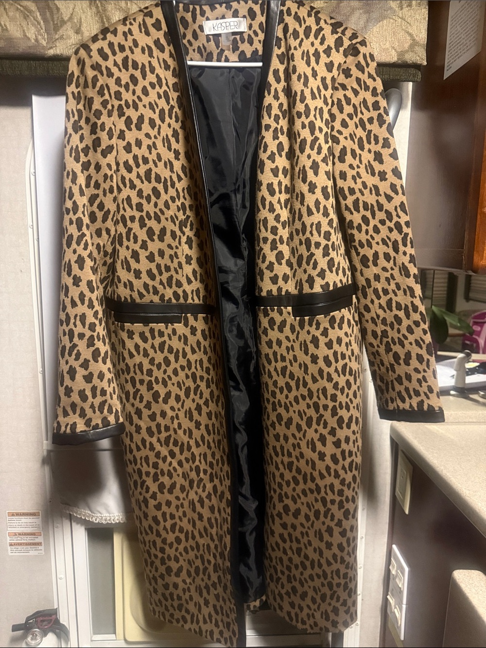 Kasper Leopard Print Long Coat with Black Trim - Tan & Black